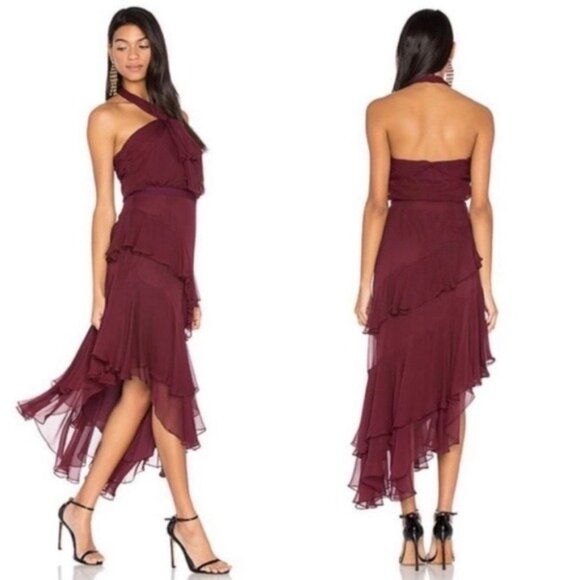 Cinq a Sept Dress Size 0 Red Valle Burgundy Silk Midi Ruffle Halter - Picture 1 of 13